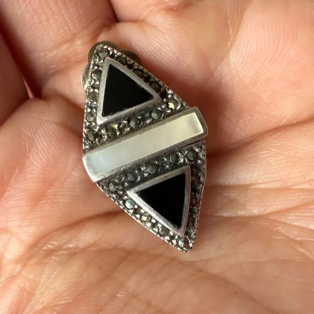 Vintage Art Deco Sterling silver Onyx Mother of Pearl and Marcasite Clip-on Earr